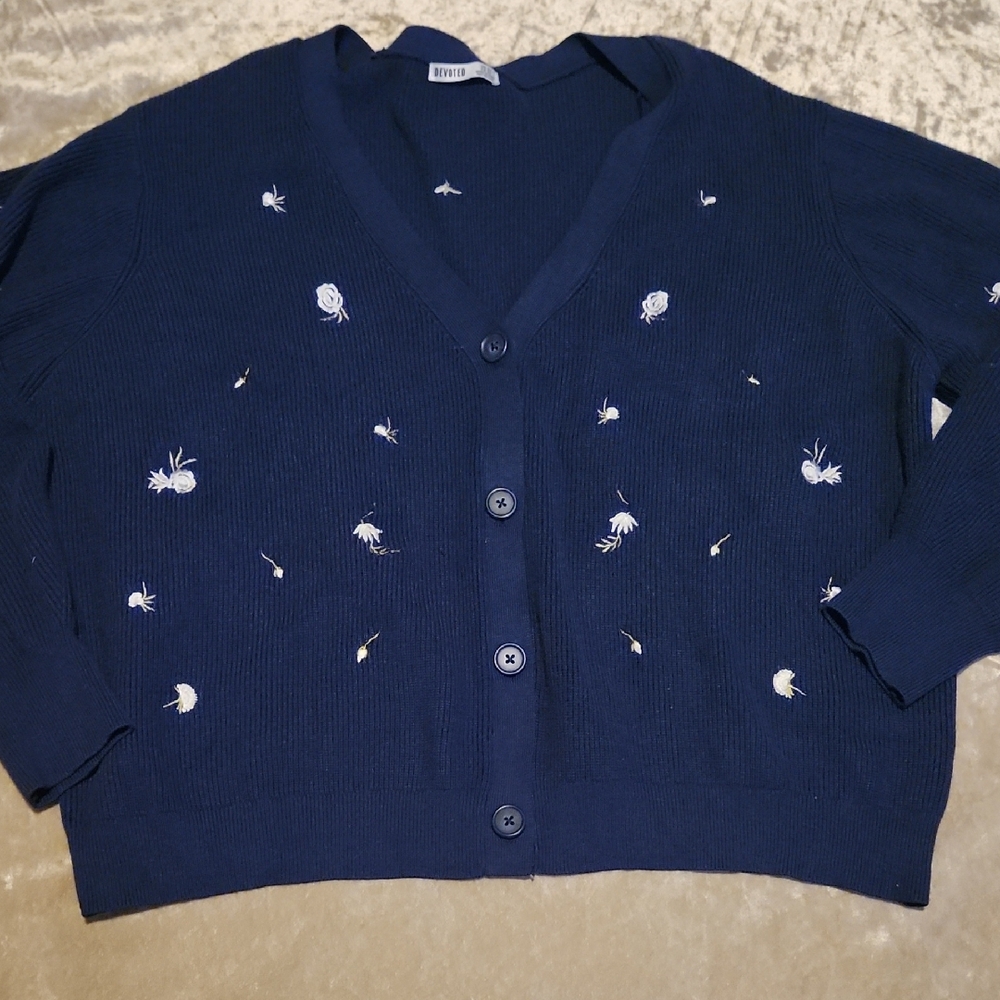 Devoted Blue Cardigan Sweater with Embroidered Design Sz 3X